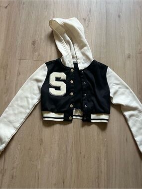 Cropped Black & Cream Varsity Hoodie Jacket